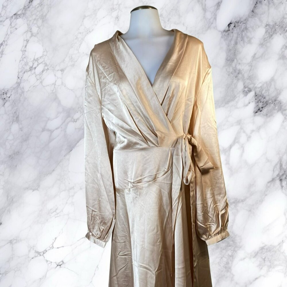 NastyGal Satin Long Sleeve Midi Wrap Dress - Rose - Picture 7 of 12